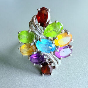 Multi Color Natural Gemstones Cluster Confetti Sterling Silver Ring